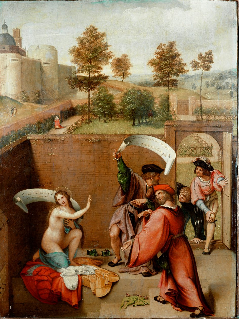 Suzanne no banho ou "Suzanne e os idosos". As personagens empunham filactérios ou estão escritas as suas letras. Pintura de Lorenzo Lotto (1480-1556) 1517. Galleria degli Uffizi (Escritórios) Florença de Lorenzo Lotto