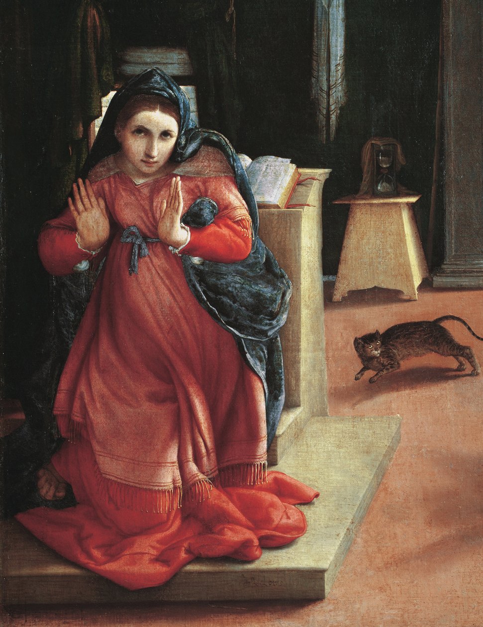 The Annunciation" Detail of the Virgin (Anunciação, detalhe da virgem) Pintura de Lorenzo Lotto (1480-1556) 1535 Pinacoteca Civica, Recanati, Itália de Lorenzo Lotto