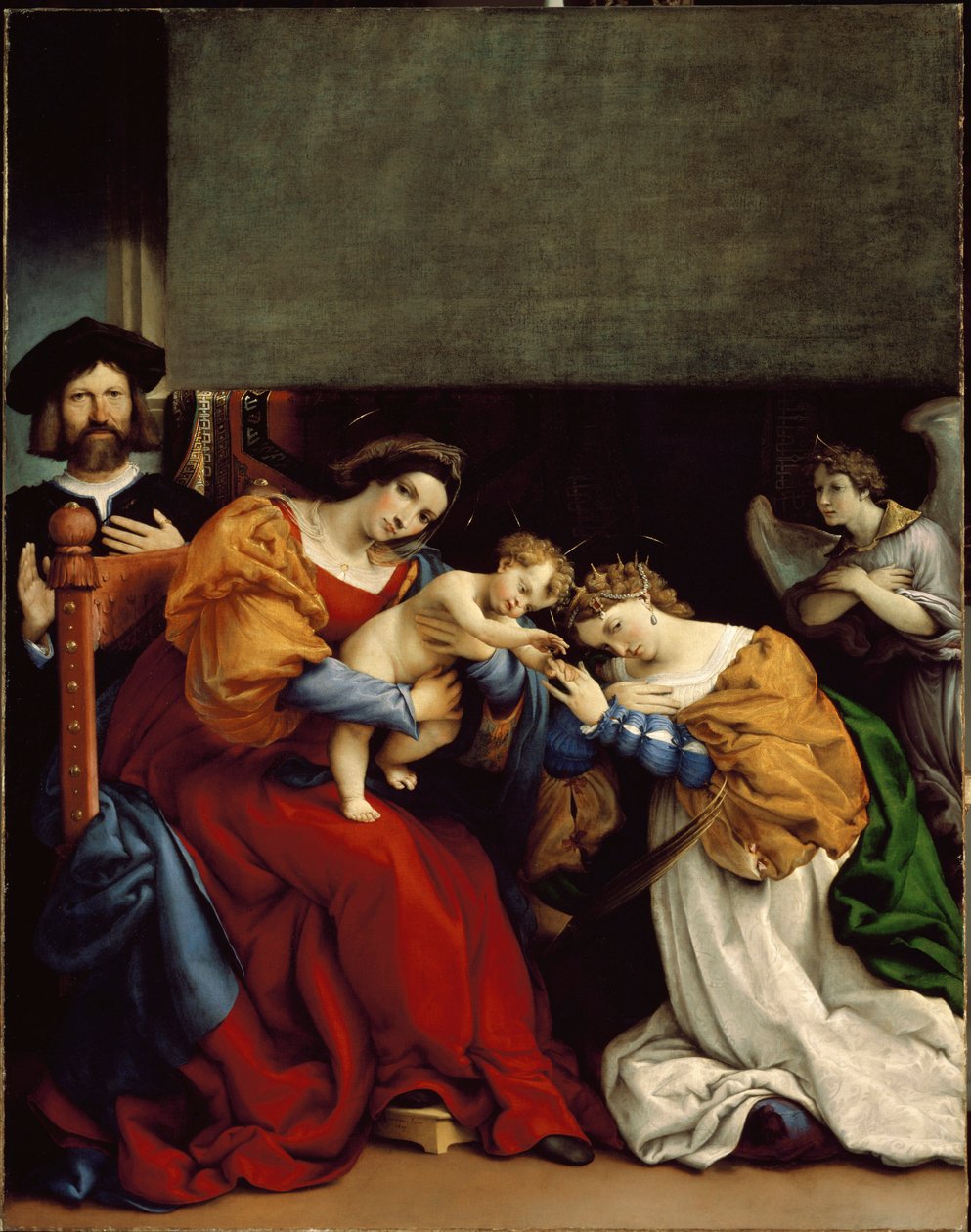 The Mystical Marriage of St. Catherine The Mystic Wedding of St. Catherine of Alexandria" À esquerda, Niccolo Bonghi, o senhorio do pintor. Pintura de Lorenzo Lotto (ca. 1480-1556) 1523 Dim. 189 x 134 cm Bergamo, Accademia Carrara de Lorenzo Lotto
