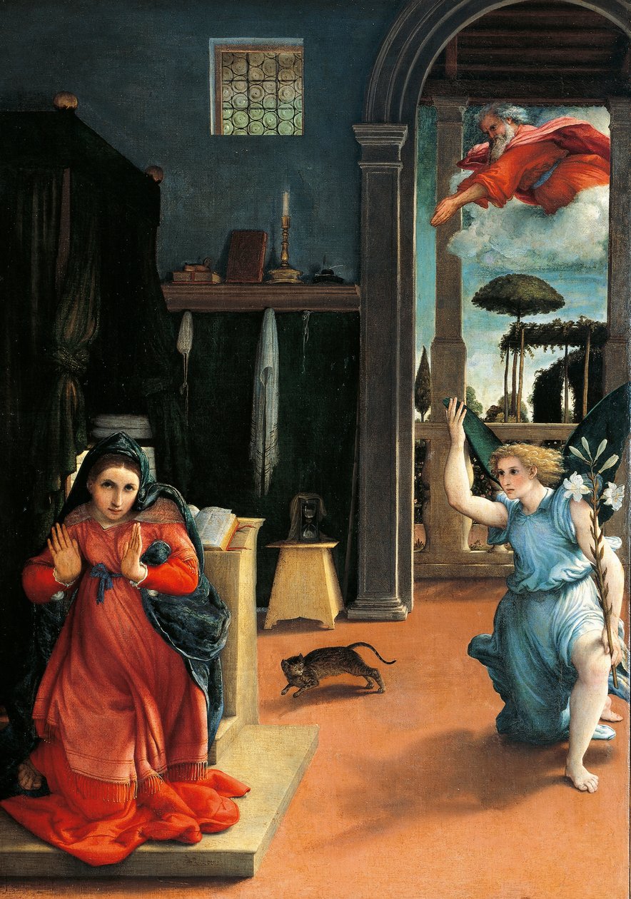 A Anunciação Recanati, por volta de 1532, de Lorenzo Lotto (1480 ca- 1556), óleo sobre tela de Lorenzo Lotto