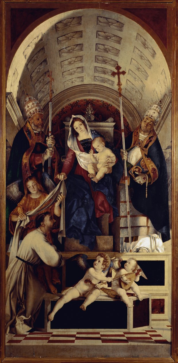 A Virgem e o Menino com Santa Domingas, São Gregório e São Urbano - Parte central do Políptico Recanati (1508, óleo sobre madeira) de Lorenzo Lotto