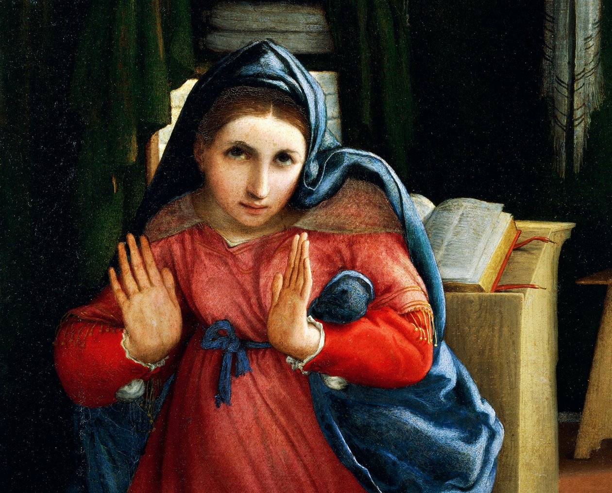 A Virgem anunciou, detalhe da Anunciação, ca 1434, por Lorenzo Lotto (1480-1556), óleo sobre tela de Lorenzo Lotto