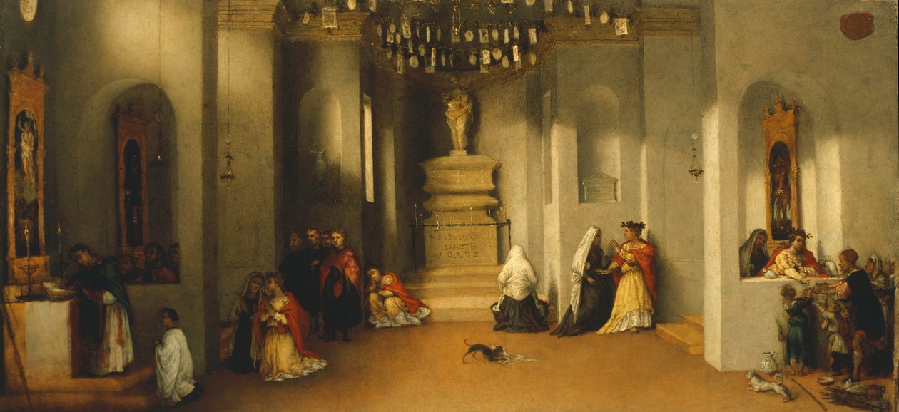 A vocação de Santa Lúcia, primeiro painel de predella de Altar de Santa Lúcia ou Santa Lúcia perante o Juiz por Lorenzo Lotto (1480 ca- 1556), óleo sobre painel, 32x69 cm de Lorenzo Lotto