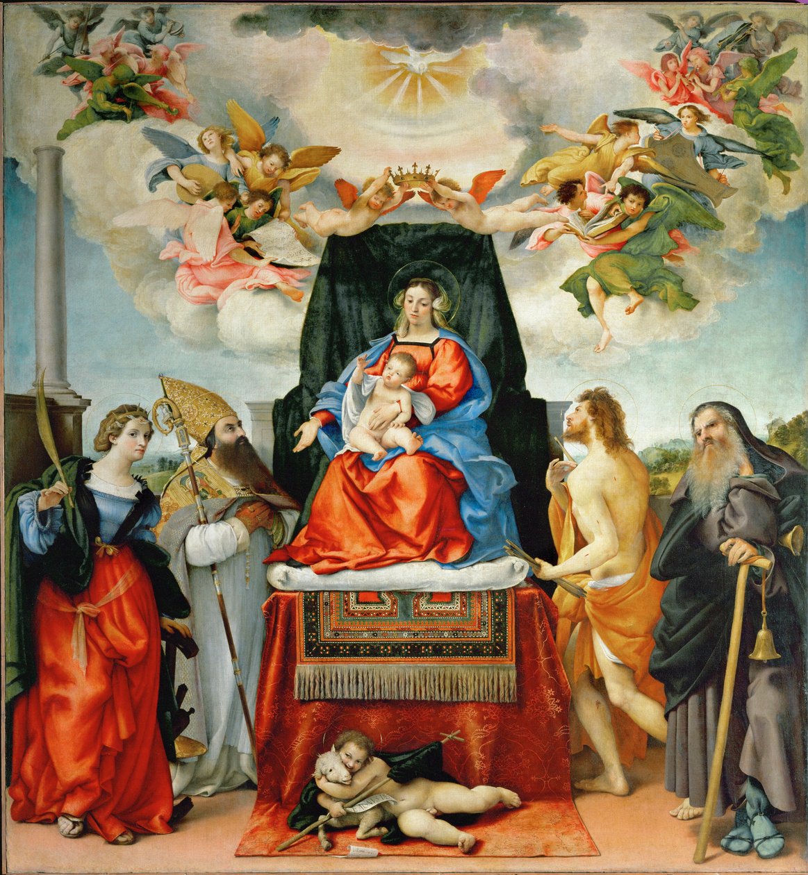 Virgem e menino com Santa Catarina de Alexandria, Santo Agostinho, São João Batista, São Sebastião e Santo António Abade (pintura sobre tela) de Lorenzo Lotto