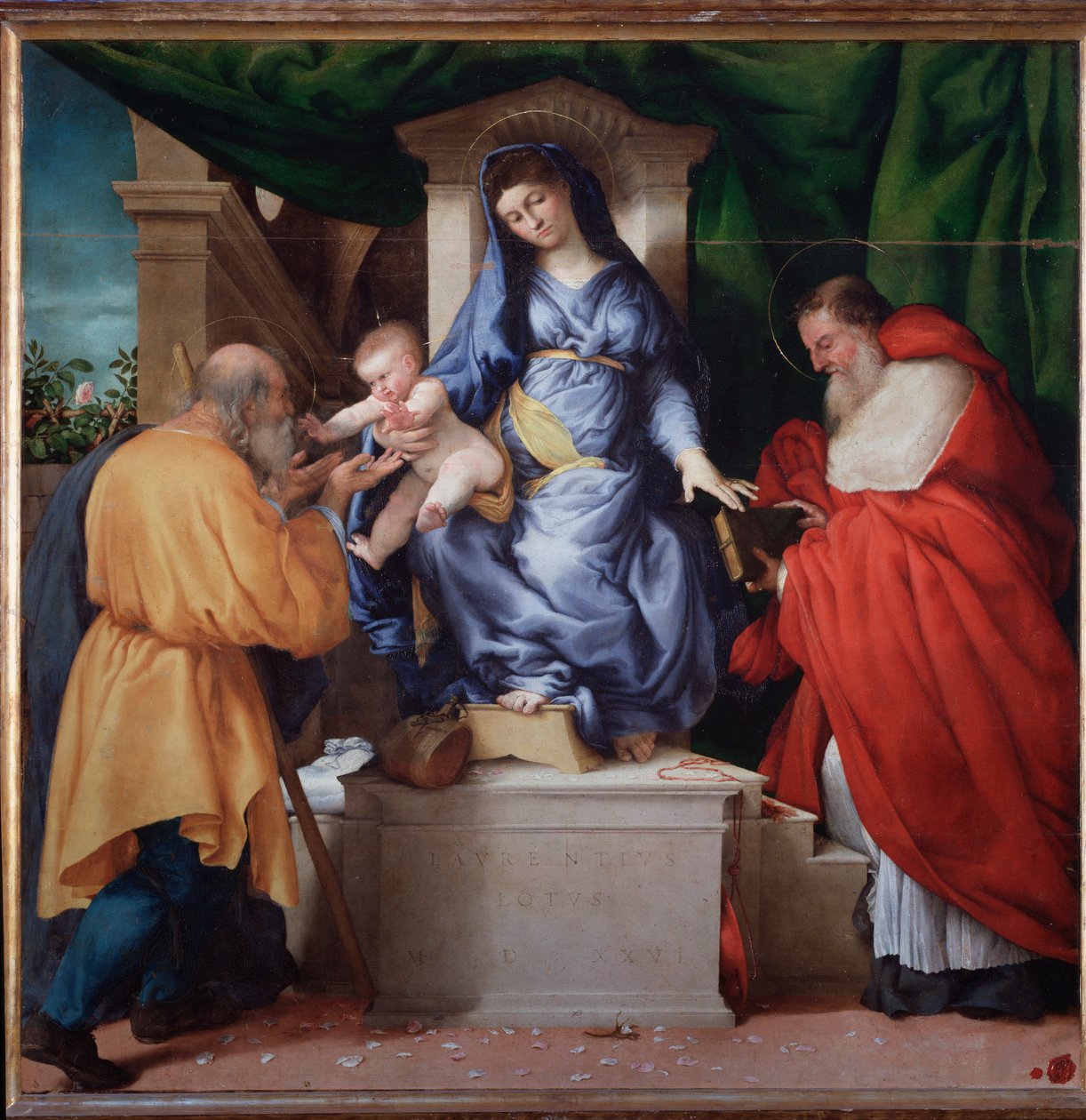 Virgem com criança com São Jerônimo e São José (chamada Madonna delle Rose) - Pintura de Lorenzo Lotto