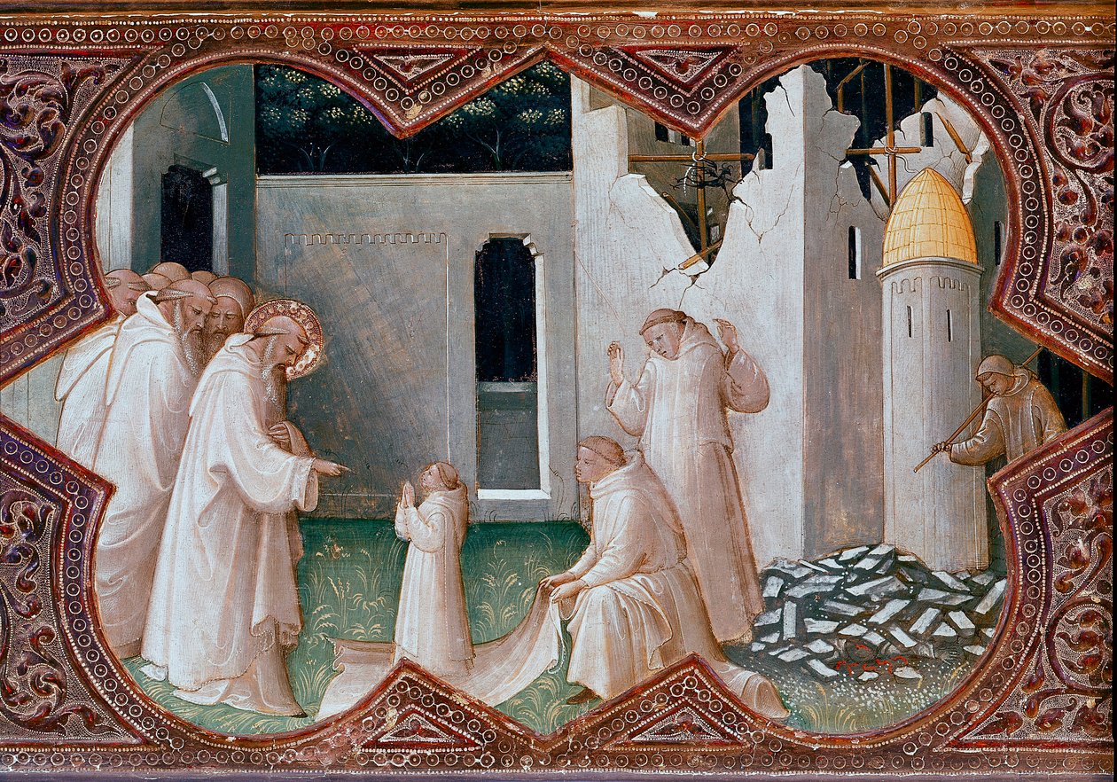 Altarpe da coroação da Virgem: "São Bento de Nursie ressuscitando um monge" Detrempe sobre madeira por Piero di Giovanni dit Lorenzo Monaco (1370-1424) 1413 Florença, Galeria Uffizi de Lorenzo Monaco