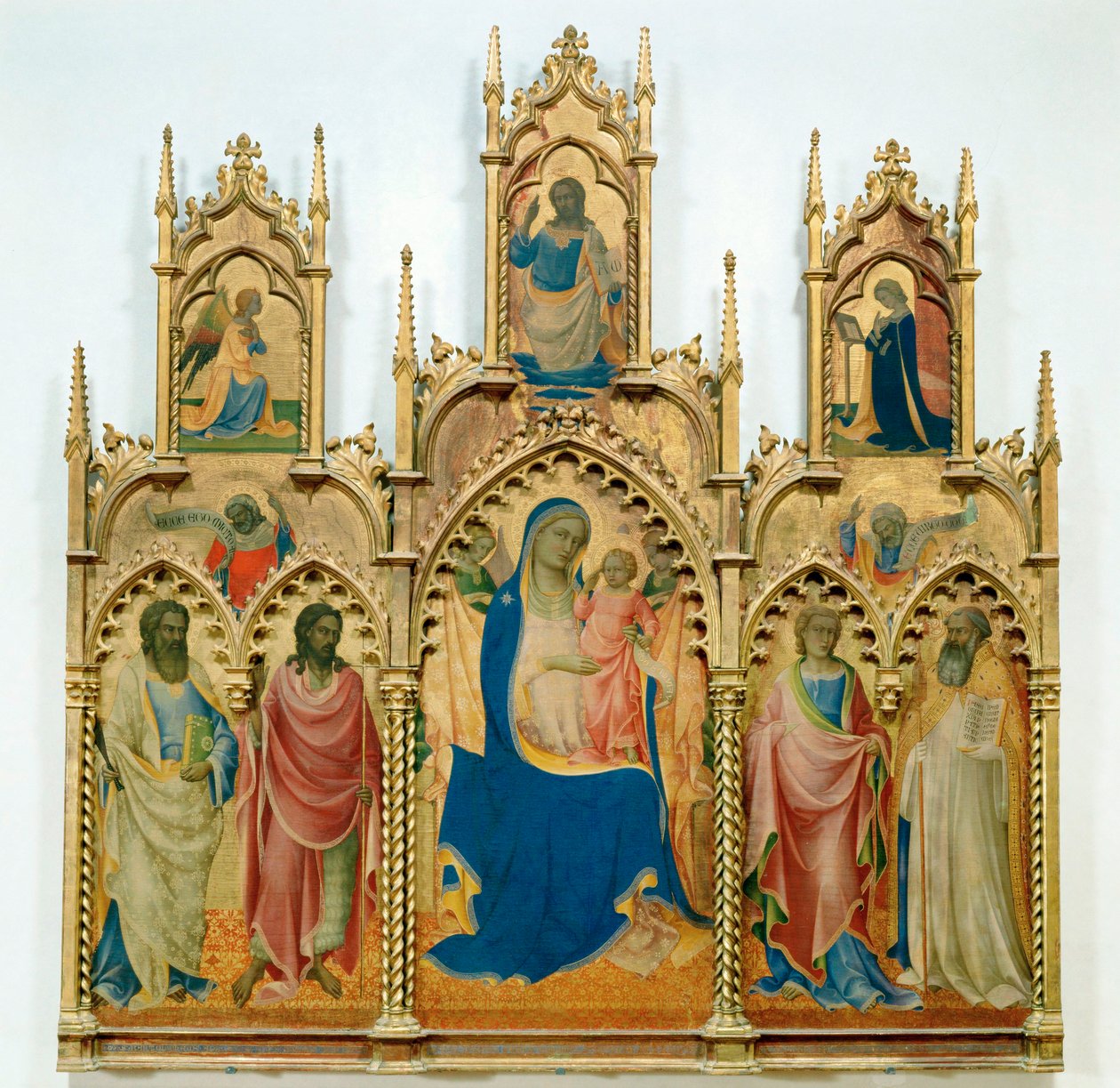 Nossa Senhora e o Menino Jesus, santos; em cima: Anunciação (têmpera sobre madeira) de Lorenzo Monaco