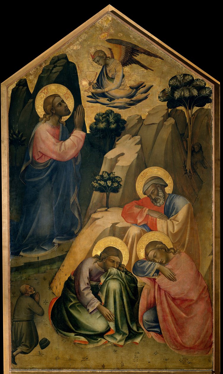 Oração no Jardim das Oliveiras Cristo em oração vê o anjo que lhe leva o Santo Graal e anuncia a sua morte. Os apoters de São Pedro, São João e São Tiago estão dormindo. Pintura sobre madeira por Lorenzo Mónaco (ca. 1370-ca. 1423/1424) Florença, Galer de Lorenzo Monaco