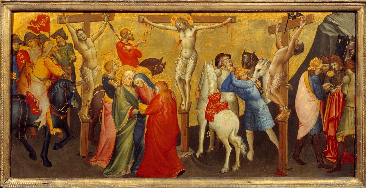 O painel central da crucificação da predela do retábulo é destinado à Capela Nobili da Igreja de Santa Maria degli Angeli, em Florença. Pintura de Lorenzo Monaco (1365/70 - 1425) de Lorenzo Monaco