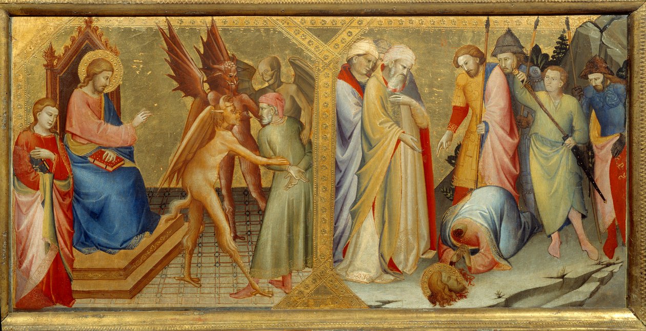 O encontro entre São Tiago Maior e Hermogene seu mártir. Hermogene é um antigo planejador e arquiteto grego (final do século III a.C. - início do século II a.C.). Predelle do retábulo da capela Nobili da Igreja de Santa Maria degli Angeli em de Lorenzo Monaco