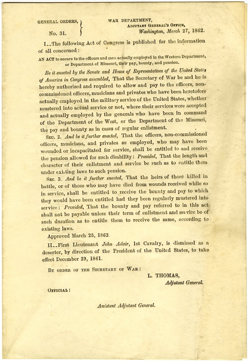 Publicar uma Lei do Congresso que garanta pagamento, recompensa e pensão para oficiais e homens empregados no Departamento Ocidental ou Departamento de Missouri de Lorenzo Thomas