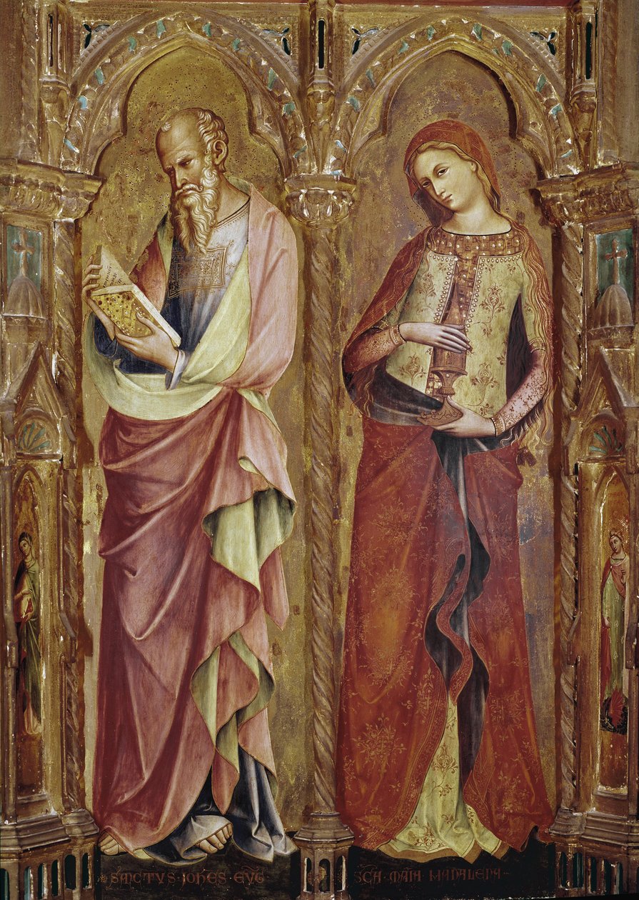 JSaint João Evangelista e Santa Maria Madalena - Detalhe do políptico da Anunciação (1357, tempera e folha de ouro sobre madeira) de Lorenzo Veneziano
