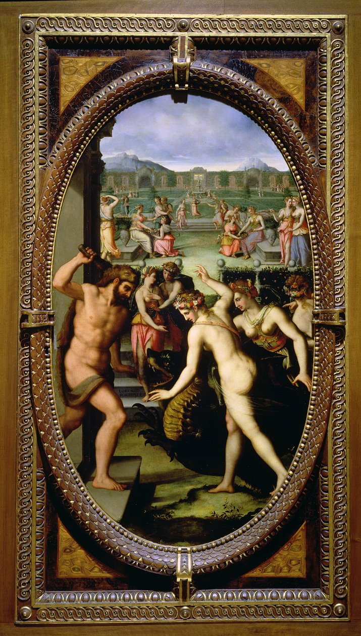 Hércules matando o dragão das Hespérides, 1572 (óleo sobre ardósia) de Lorenzo dello Sciorina