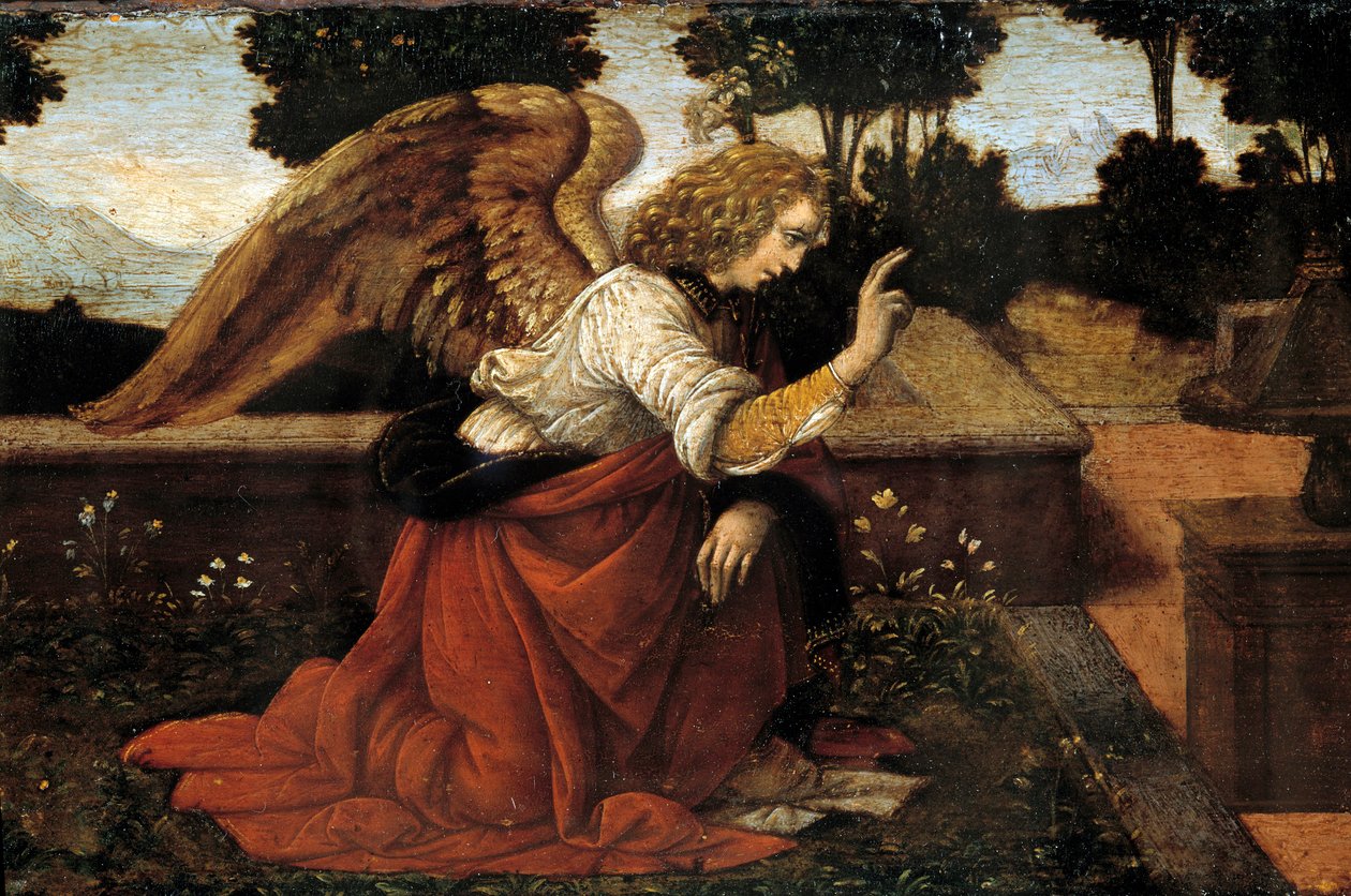 Detalhe da Pintura "A Anunciação" de Lorenzo di Credi (1458-1537) Sol do século XV. 0,16x0,6 m (L