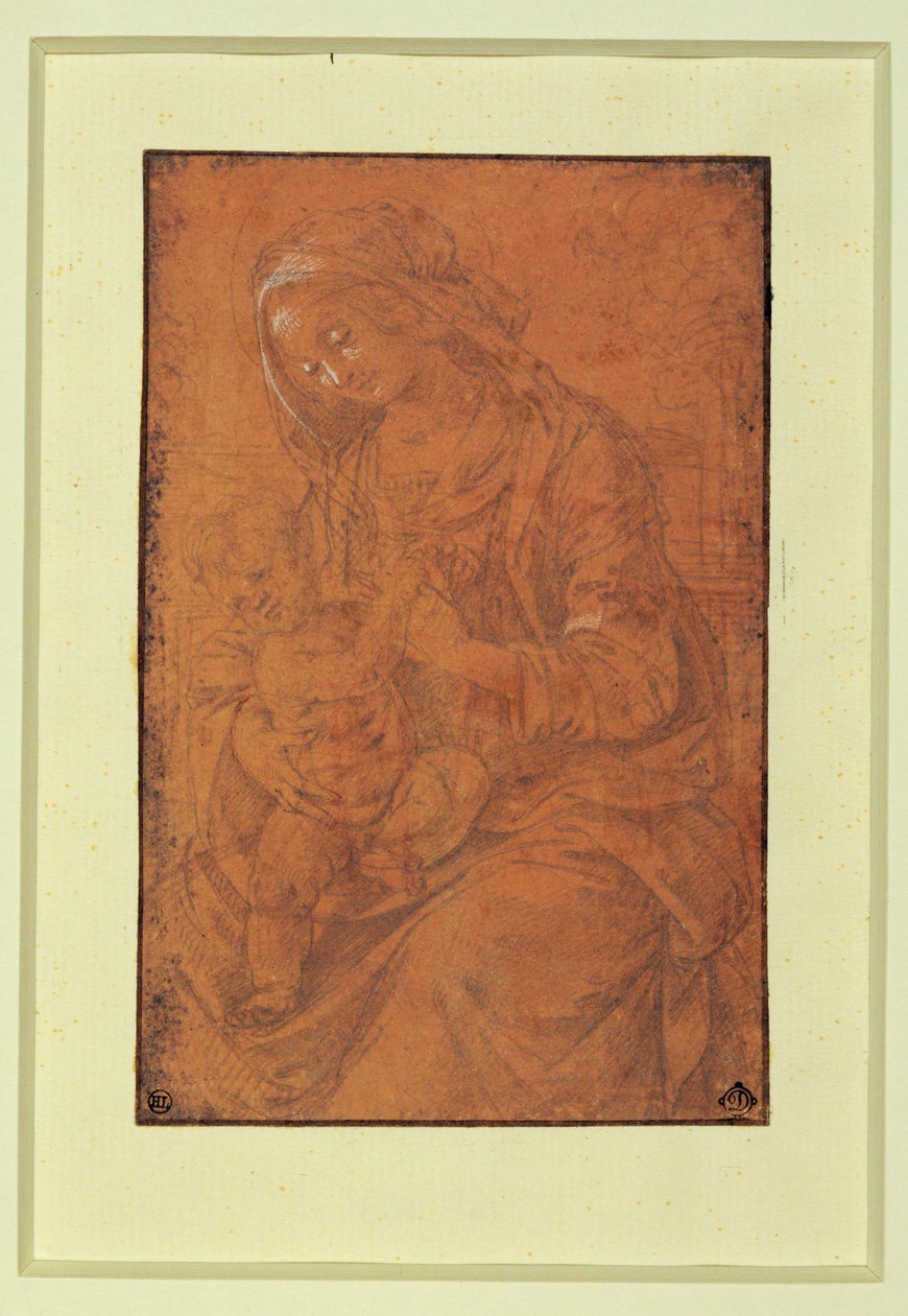 Madonna. Bico de prata, realçado a branco sobre papel rosa-salmão ... de Lorenzo di Credi