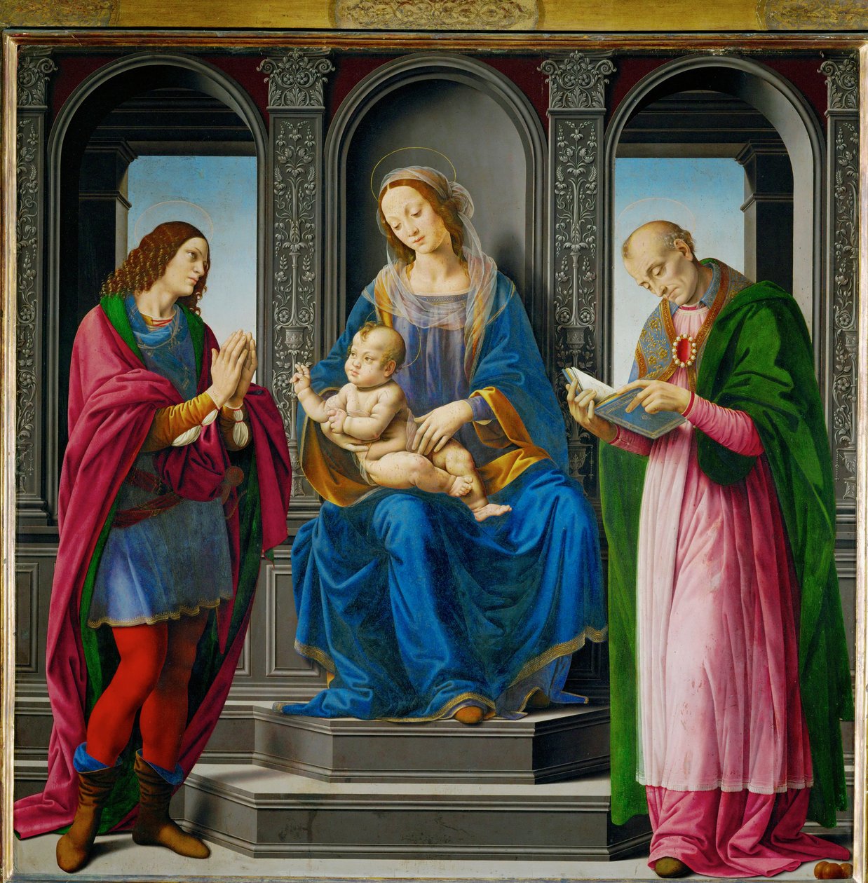 Nossa Senhora e o menino, rodeados por São Julião e São Nicolau de Myra ... de Lorenzo di Credi