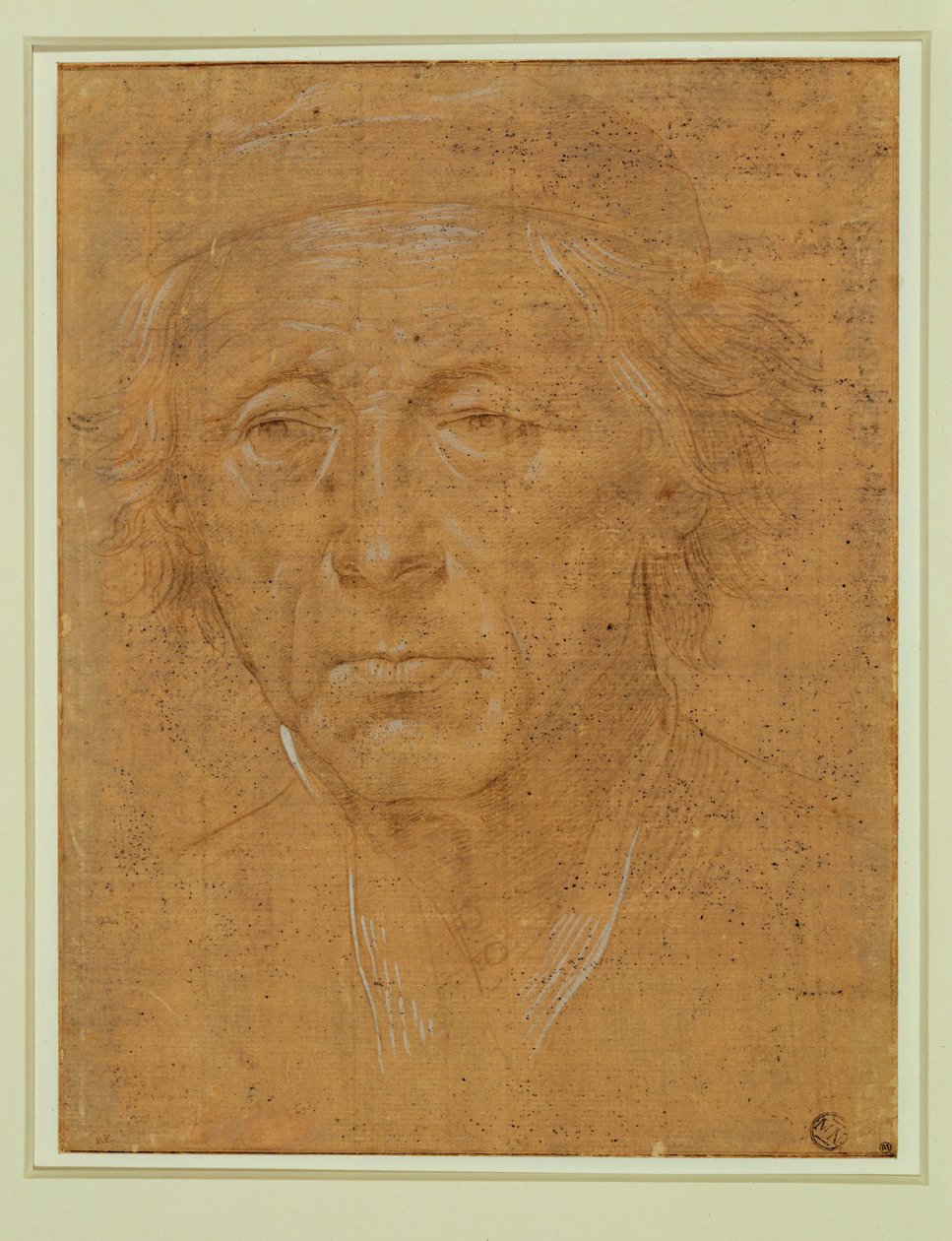 Retrato de um homem idoso, de rosto inteiro, com boné ... de Lorenzo di Credi
