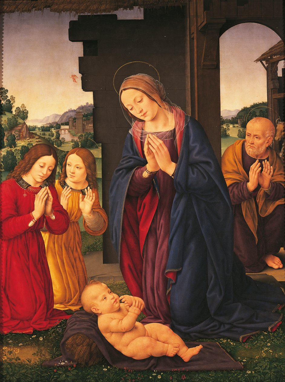 A Adoração da Criança e dos Anjos, por Lorenzo di Credi (1459-1536), tempera sobre tela de Lorenzo di Credi
