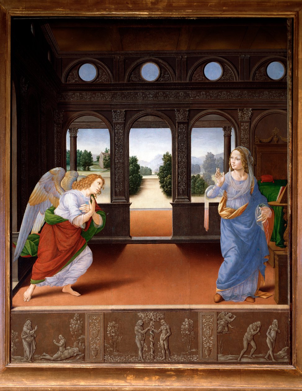 A Anunciação, e história de Adão e Eva - Óleo sobre tela, c.1480 de Lorenzo di Credi