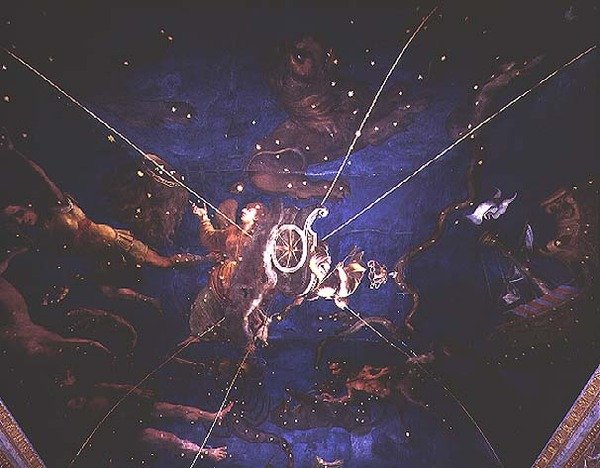 A deusa Diana em sua carruagem rodeada de representações dos signos do zodíaco da Sala dello Zodiaco de Lorenzo the Younger Costa