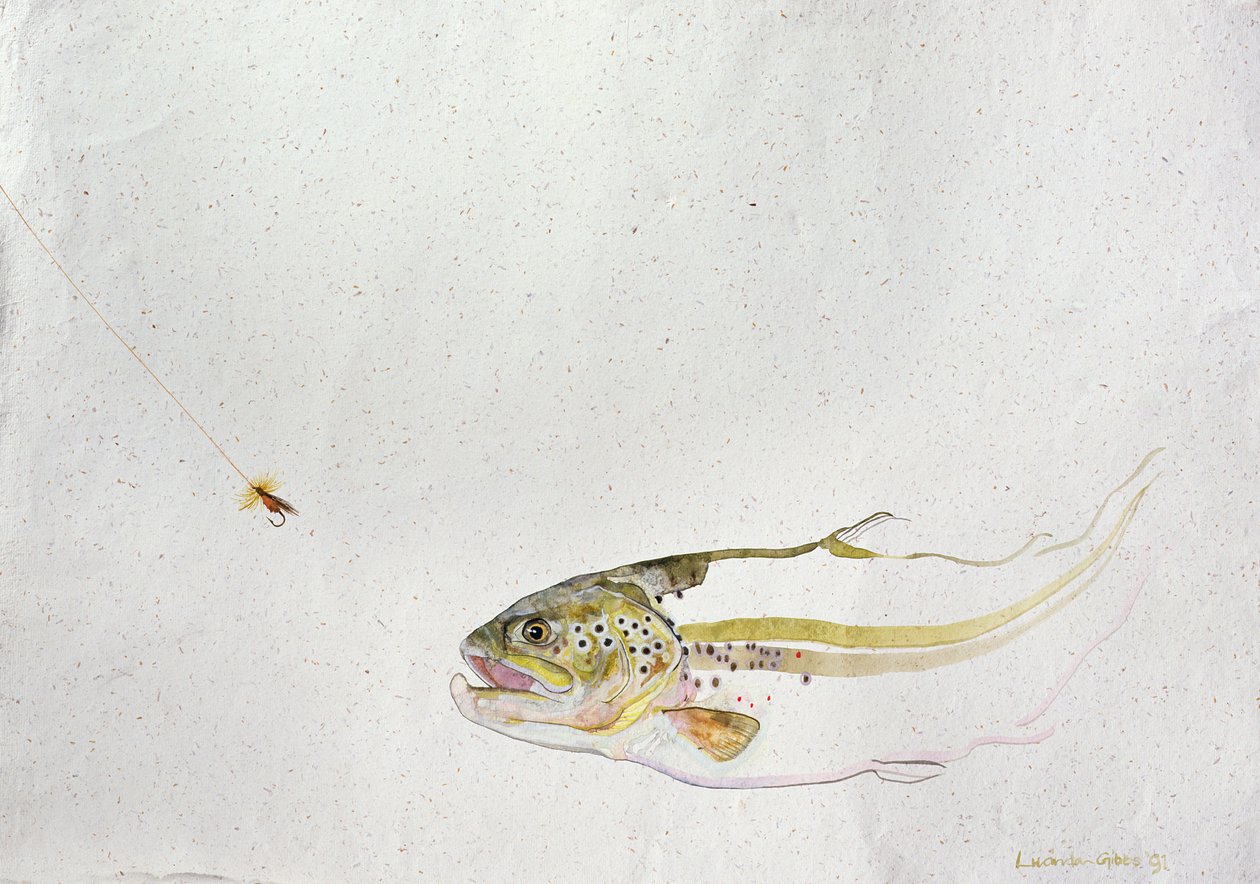 Truta perseguindo a mosca de um pescador, 1991, (aquarela sobre papel artesanal) de Lou Gibbs