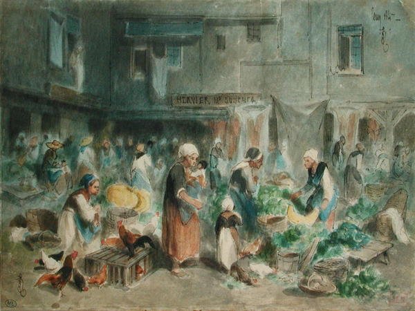 Mercado na Praça da Cidade, 1847 (caneta e tinta e wc no papel) de Louis Adolphe Hervier