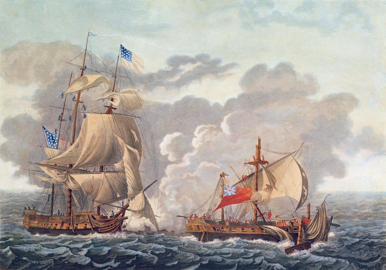 A tomada do navio inglês &39;The Java&39; pela American Frigate, &39;The Constitution&39;, 29 de setembro de 1812, gravado por J. Coquerel de Ambroise Louis Garneray
