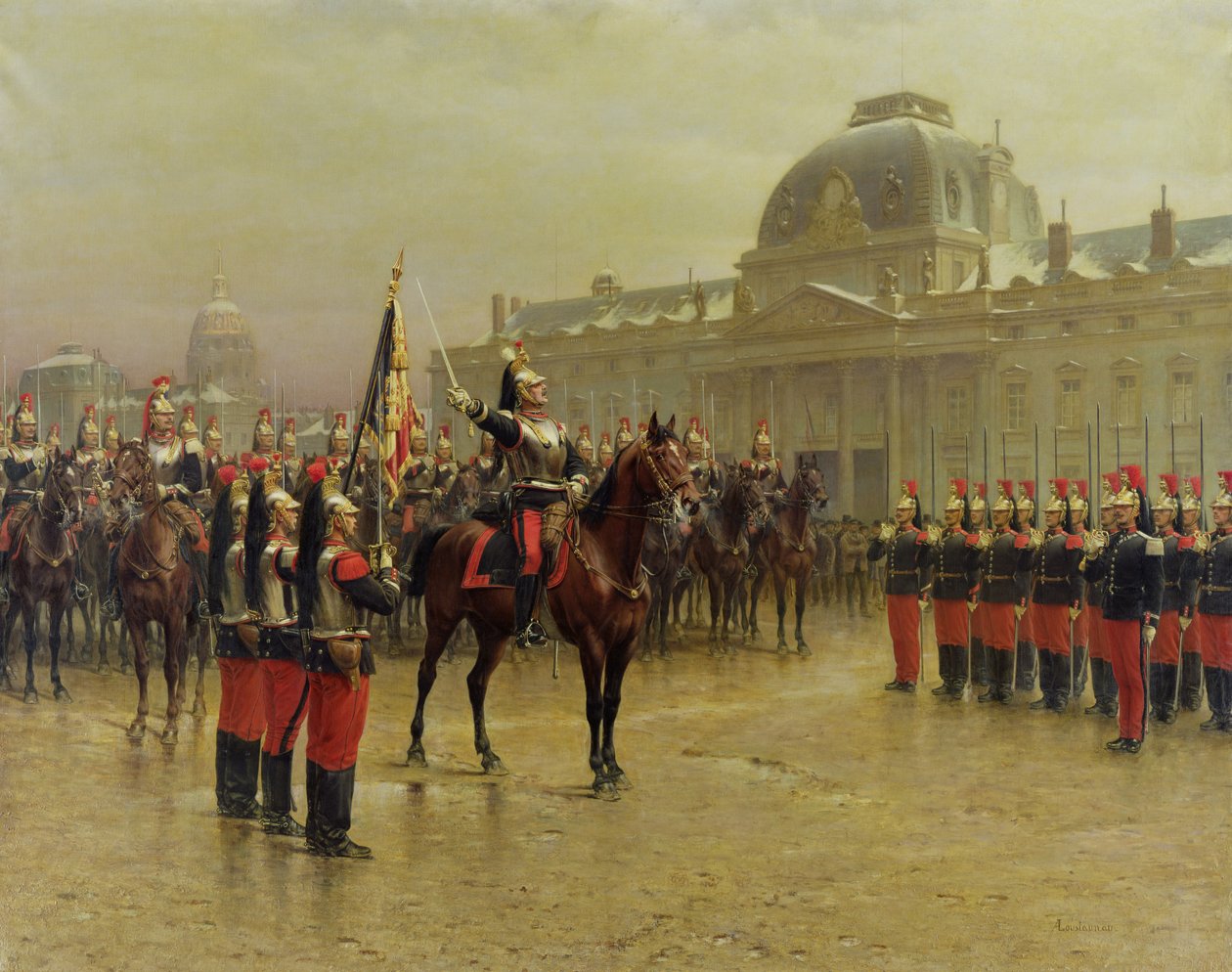 Coronel de La Rochetulon Apresentando aos Recrutas da 6ª Cavalaria o Padrão do Regimento em janeiro de 1887, c.1887 de Louis Auguste Georges Loustaunau