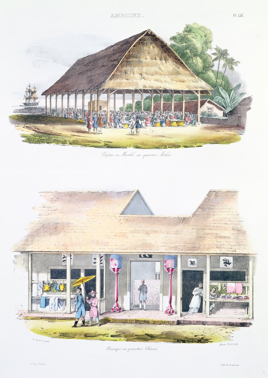 Bazar ou mercado no distrito da Malásia e lojas no distrito chinês, de &39;Voyage de l&39;Astrolabe&39;, gravado por Alexis Nicolas Noel (1792-1871) de Louis Auguste de Sainson