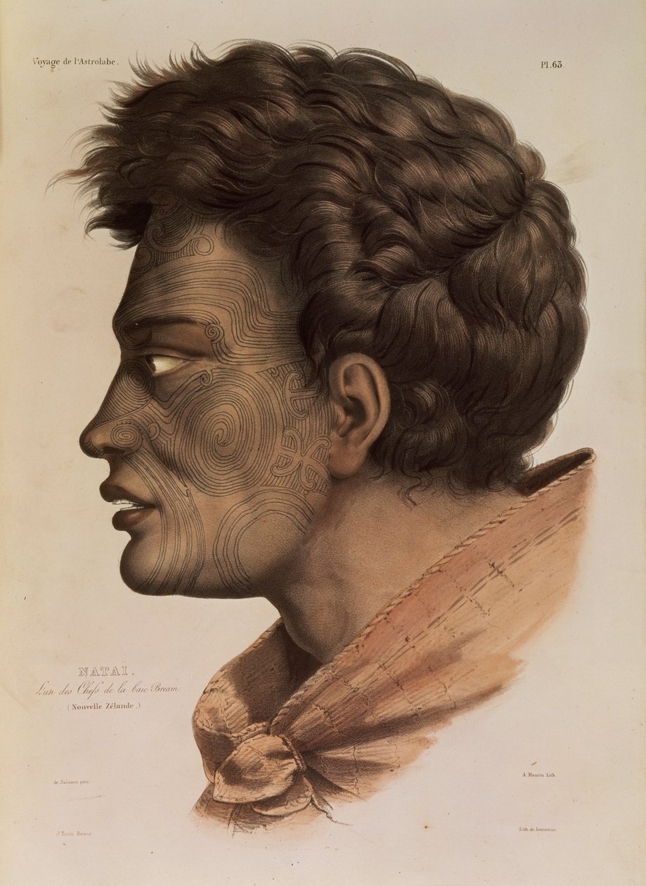 Natai, chefe maori de Bream Bay, Nova Zelândia, gravura 63 de &39;Voyage of the Astrolabe&39;, gravada por Victor Adam, 1833 de Louis Auguste de Sainson