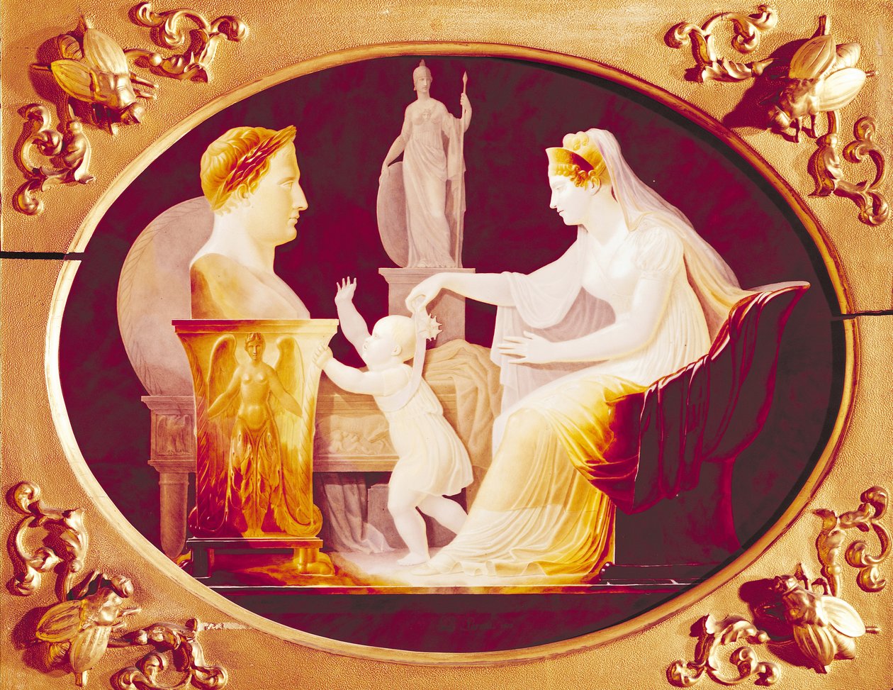 Marie-Louise da Áustria (1791-1847) guiando seu filho, com a fita de uma medalha da Legião de Honra, em direção a um busto de Napoleão Bonaparte (1769-1821) 1813 (óleo em porcelana) de Louis Bertin Parant