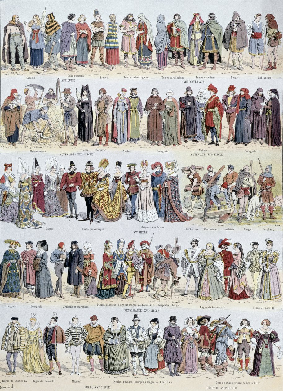 História pictórica de roupas na antiga Gália e na França até o início do século XVII, publicada por Larousse, 1929 de Louis Charles Bombled