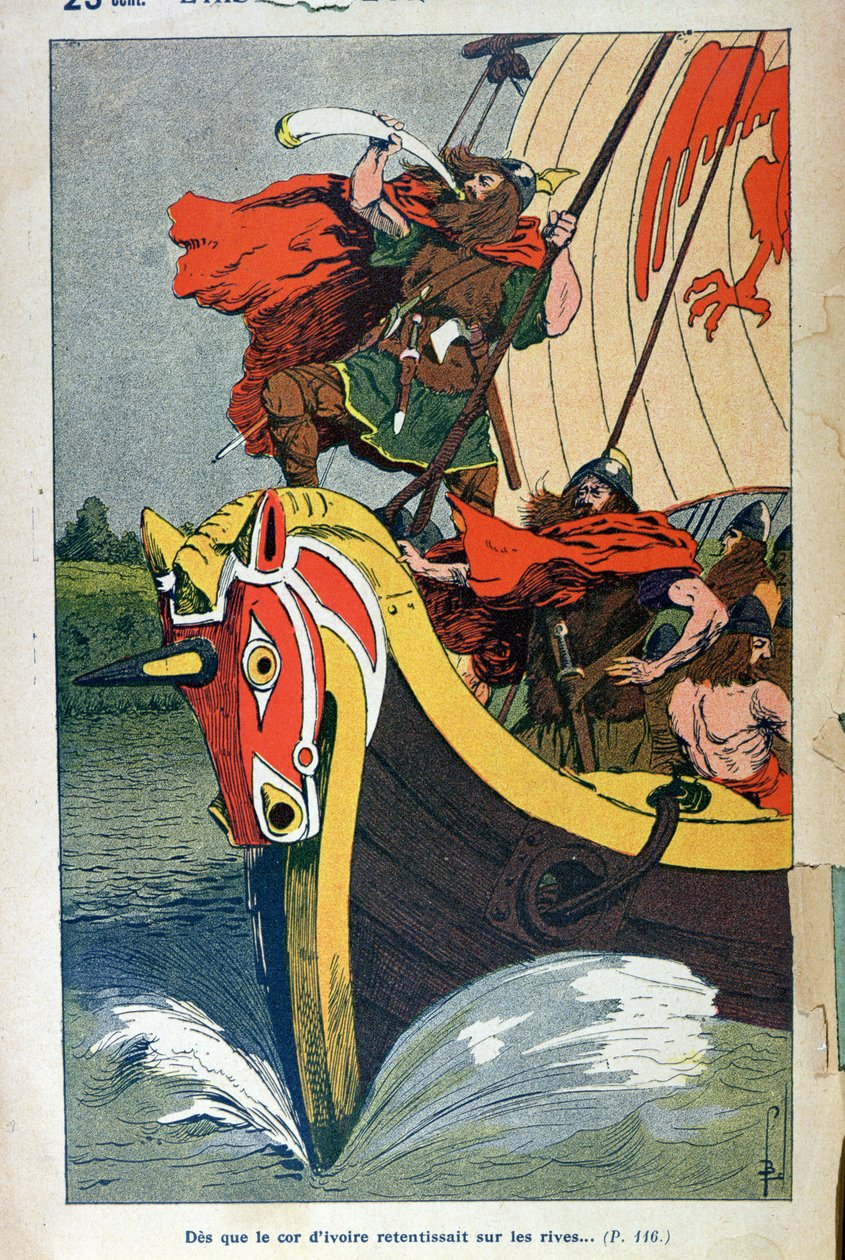 Viking soprando o chifre em um longship como ele se aproxima da costa nórdica, ilustrou a placa de uma edição popular de &39;L&39;Histoire de France&39; por Jules Michelet, final do século XIX (lito colorido) de Louis Charles Bombled