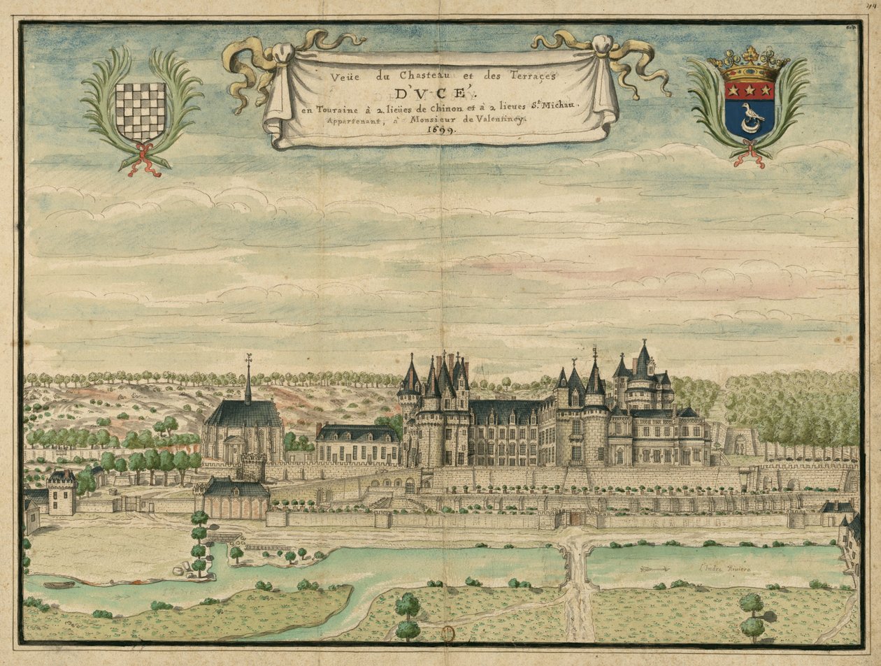 Desenho colorido do Castelo de Ussé, Indre-et-Loire, França de Louis Boudan