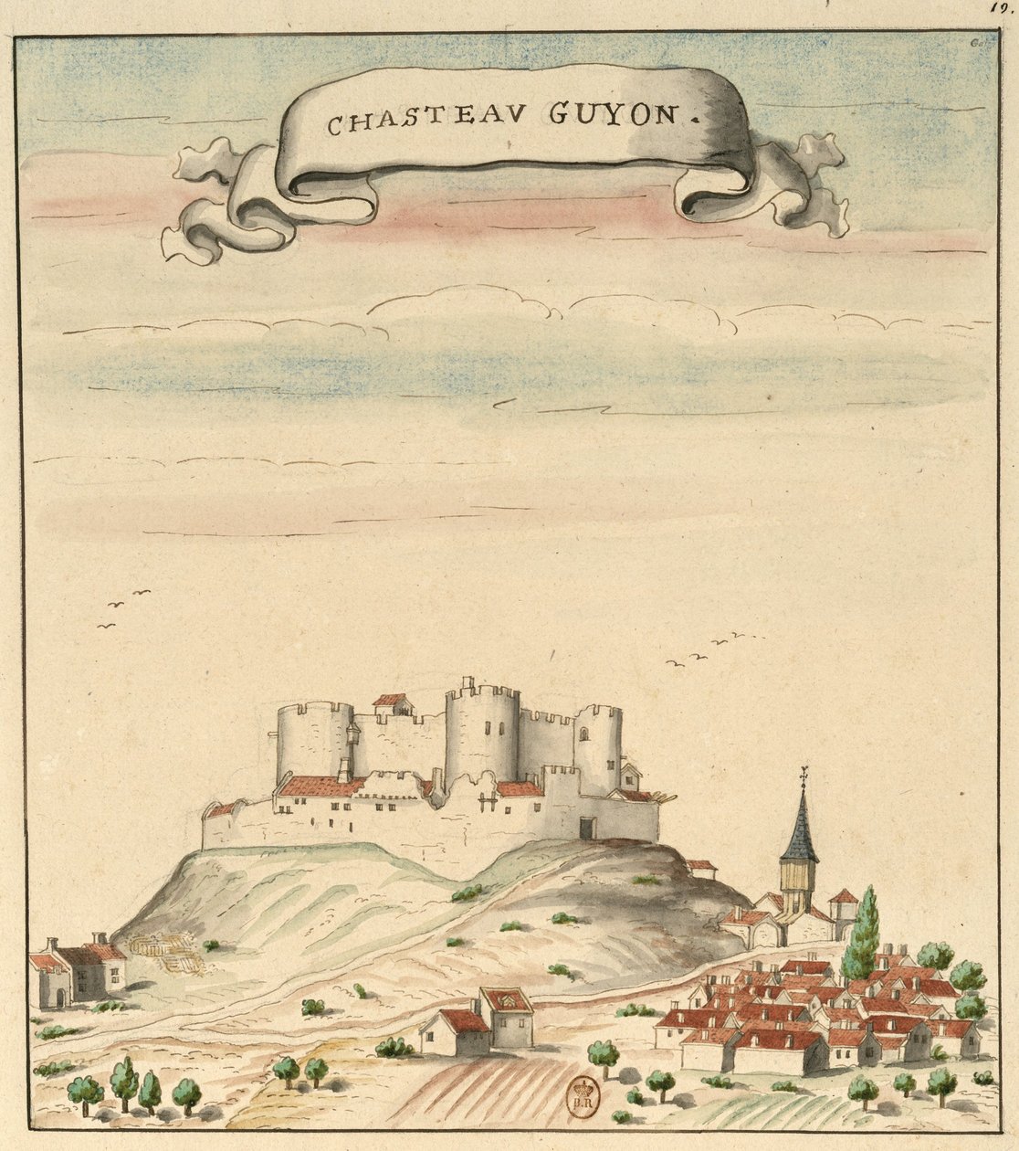 Desenho do castelo e da aldeia de Châtel-Guyon (por volta de 1450) inspirado por Guillaume Revel, O Armorial de Auvergne, Bourbonois e Forestz de Louis Boudan