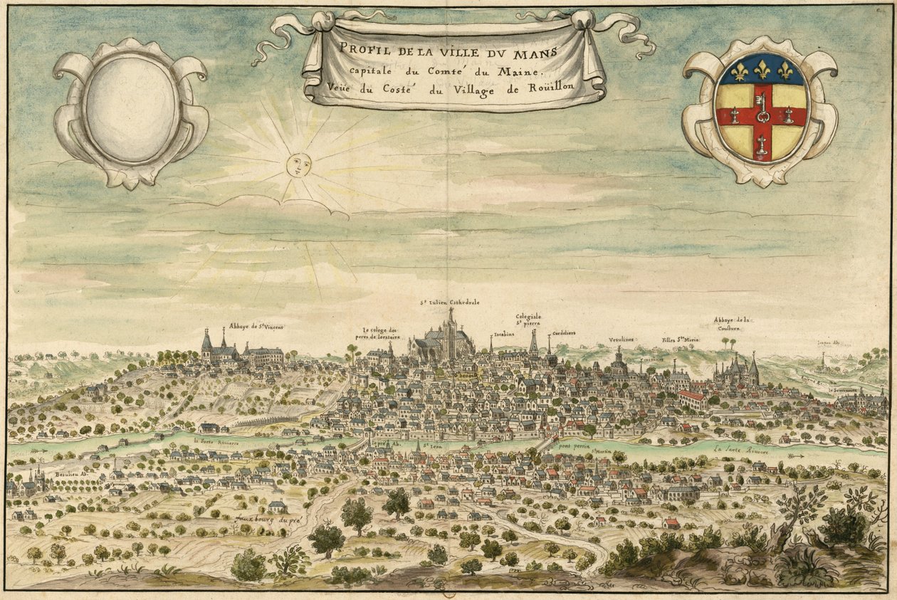 Perfil da cidade de Le Mans, capital do Condado de Maine. Veüe da aldeia de Roüillon de Louis Boudan