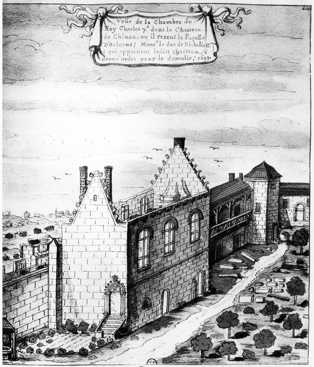 Vista da câmara no Castelo de Chinon, onde o rei Carlos VII da França recebeu Joana d&39;Arc em 1429: demolida sob as ordens do duque de Richelieu, 1699 (caneta, tinta e wc no papel) de Louis Boudan