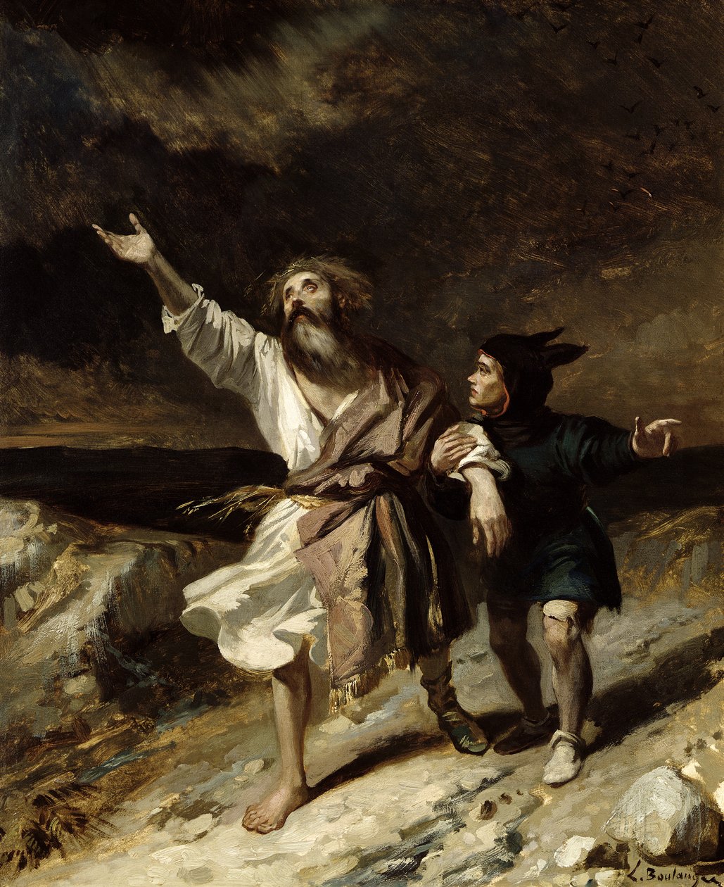 Rei Lear e o tolo na tempestade, ato III Cena 2 de &39;Rei Lear&39; por William Shakespeare (1564-1616) 1836 de Louis Boulanger