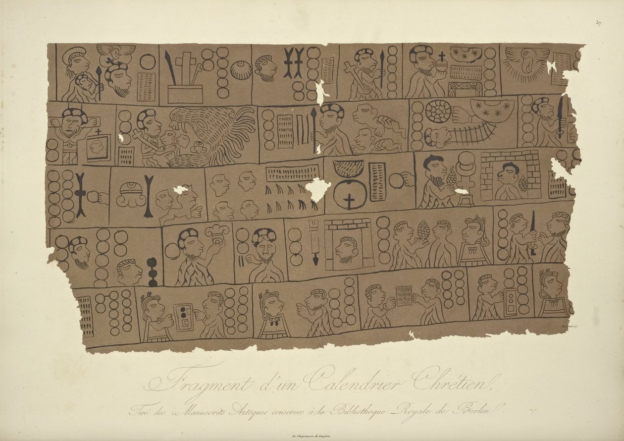 Fragmento de um calendário cristão, extraído de um manuscrito asteca na Biblioteca Estadual de Berlim, ilustração de Vistas das Cordilheiras e Monumens dos Povos Indígenas da América por Alexander von Hum de Louis Bouquet