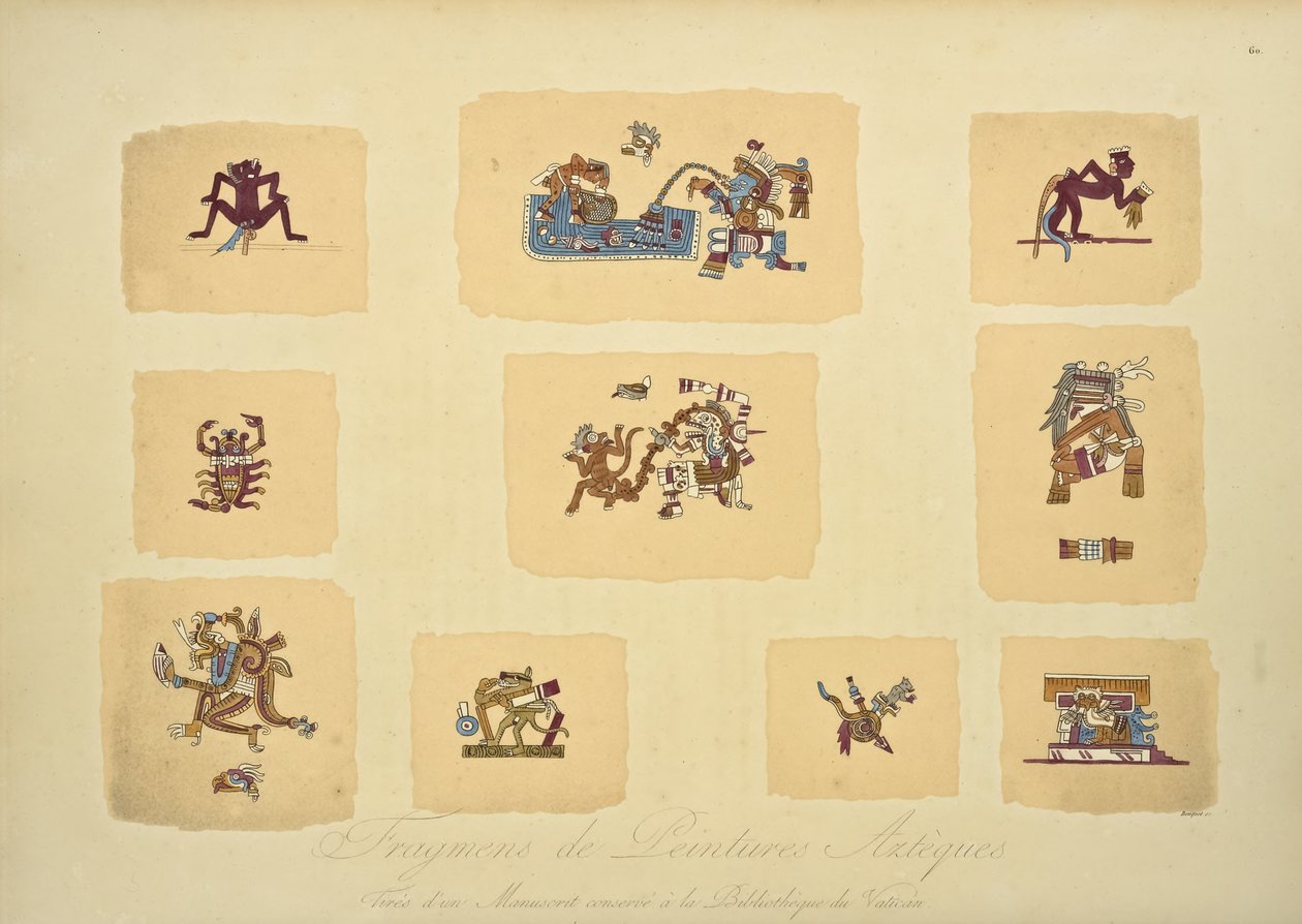 Fragmentos de Pinturas Astecas, dos Manuscritos da Biblioteca do Vaticano, ilustração de Vistas da Cordilheira e Monumens dos Povos Indígenas da América por Alexander von Humboldt e de Louis Bouquet