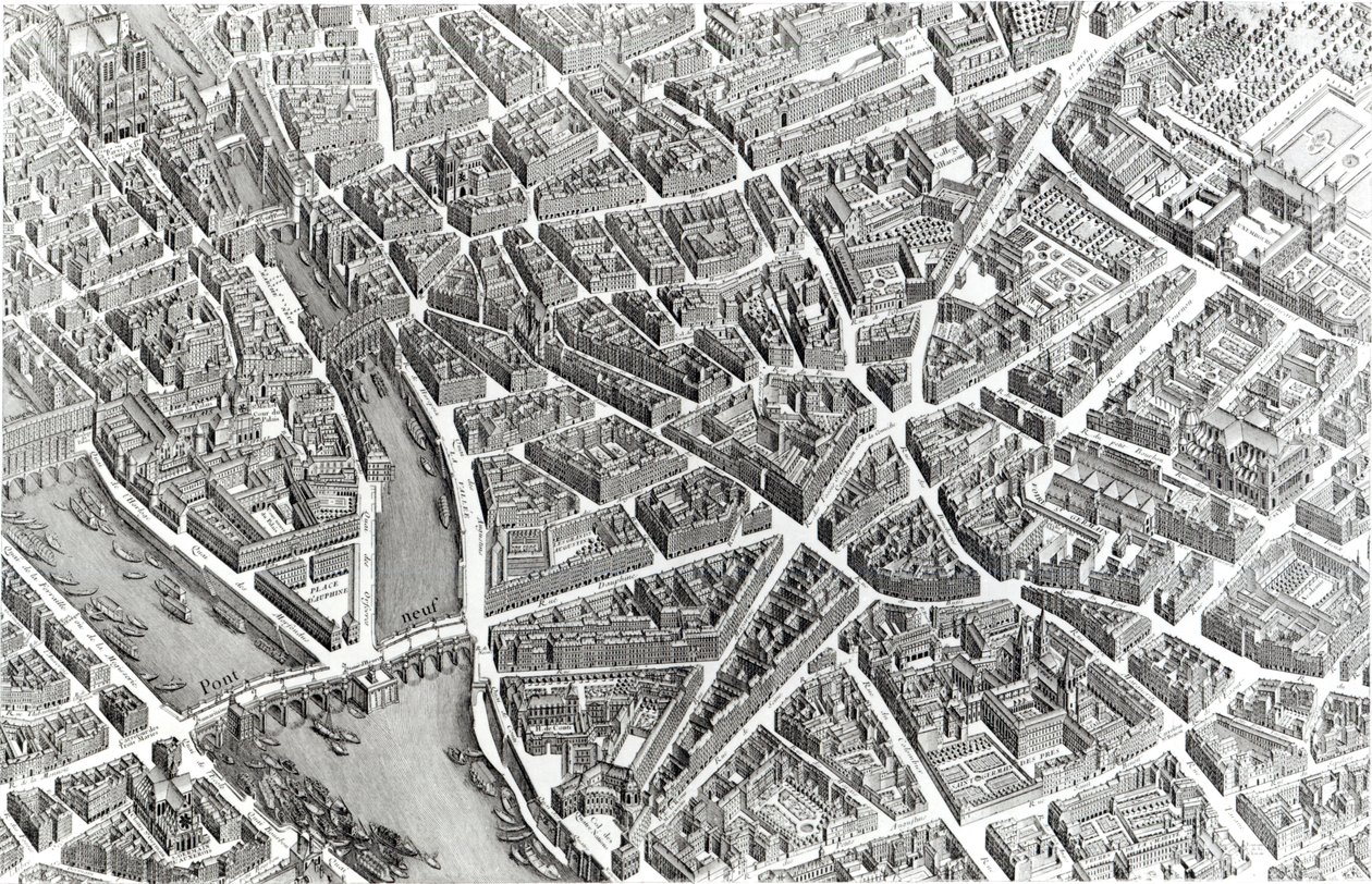 Plano de Paris, conhecido como o "Plano de Turgot", gravado por Claude Lucas, 1734-39 (detalhe) de Louis Bretez