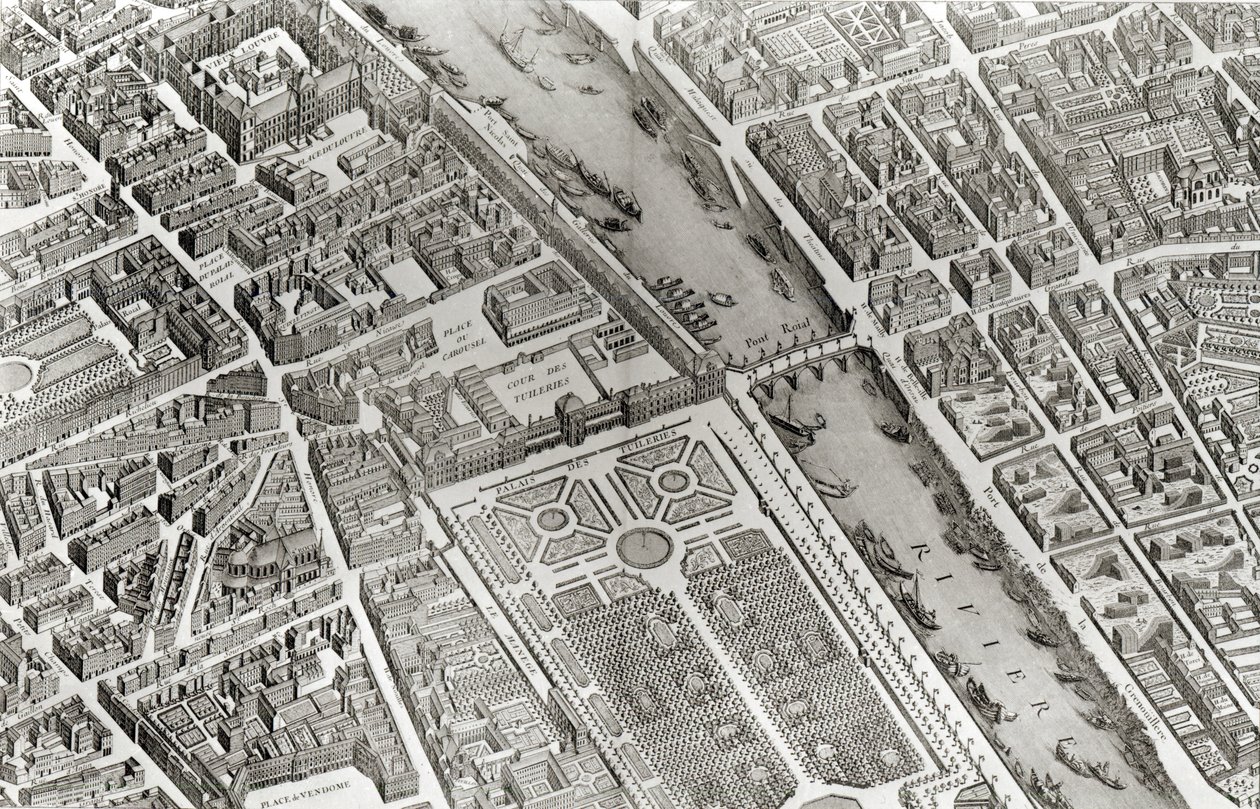 Plano de Paris, conhecido como o "Plano de Turgot", gravado por Claude Lucas, 1734-39 (detalhe) de Louis Bretez