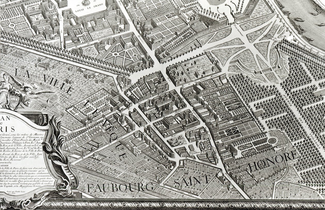 Plano de Paris, conhecido como o "Plano de Turgot", gravado por Claude Lucas, 1734-39 (detalhe) de Louis Bretez