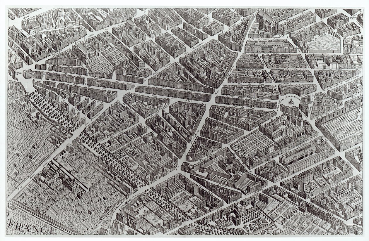 Plano de Paris, conhecido como o "Plano de Turgot", gravado por Claude Lucas, 1734-39 (detalhe) de Louis Bretez