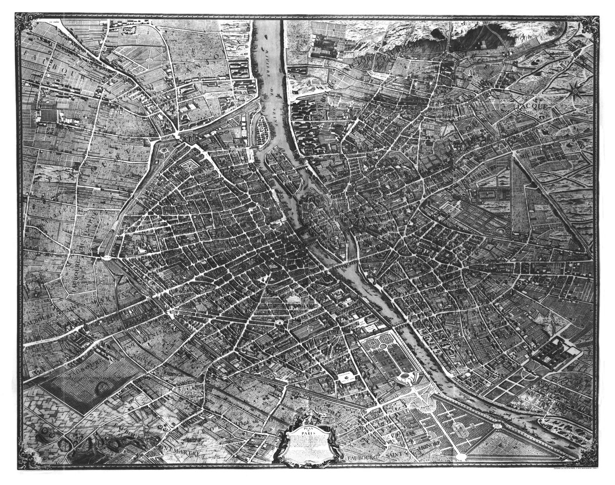 Plano de Paris, conhecido como o "Plano de Turgot", gravado por Claude Lucas, 1734-39 de Louis Bretez
