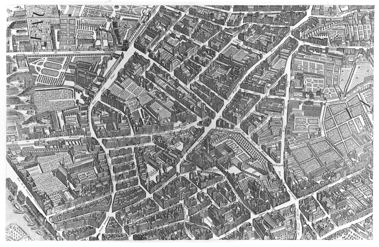 Plano de Paris, conhecido como o "Plano de Turgot", pl.7 gravado por Claude Lucas, 1734-39 (detalhe) de Louis Bretez