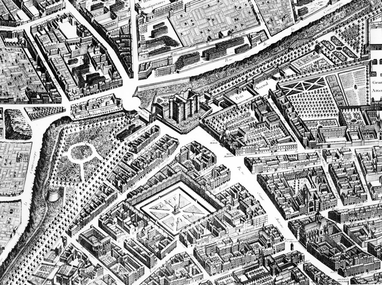 A Bastilha, a Place Royale agora Place des Vosges e a Rue Saint-Antoine, detalhe do Plano de Paris, conhecido como o Plano de Turgot, gravado por Claude Lucas, 1734-39 detalhe da gravura de 233535 de Louis Bretez