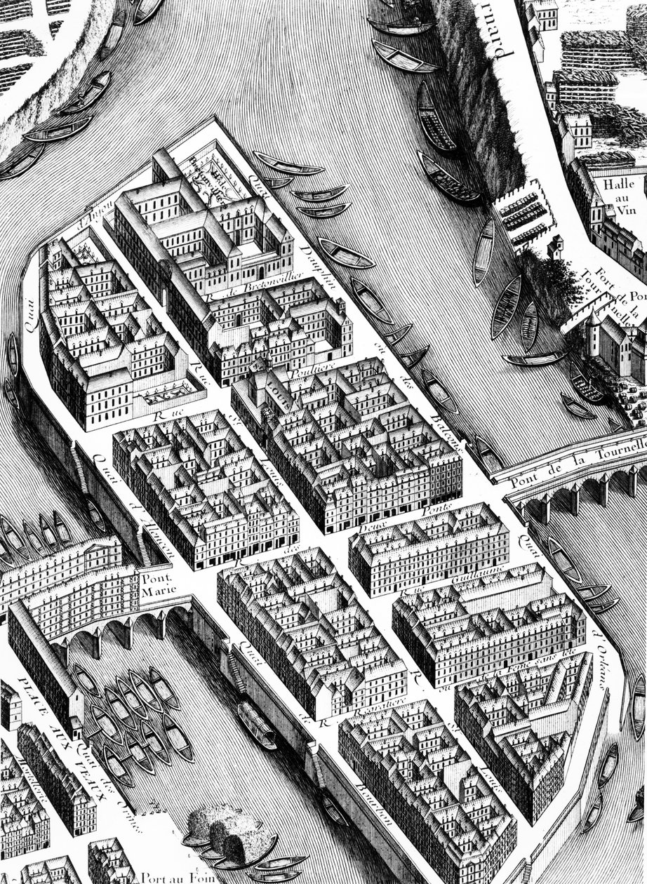 A Ile St. Louis, detalhe do Plano de Paris, conhecido como o Plano de Turgot, gravado por Claude Lucas, 1734-39 detalhe da gravura de 233535 de Louis Bretez