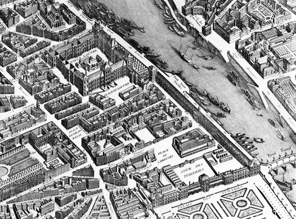 O Velho Louvre, o Palais Royal e as Tulherias, detalhe do Plano de Paris, conhecido como o Plano de Turgot, gravado por Claude Lucas, 1734-39 detalhe da gravura de 233535 de Louis Bretez
