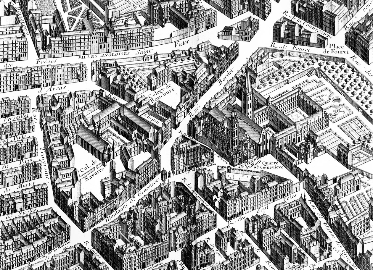 A área de Sainte-Geneviève, Paris, detalhe do Plano de Paris, conhecido como o Plano de Turgot, gravado por Claude Lucas, 1734-39 detalhe da gravura de 233535 de Louis Bretez